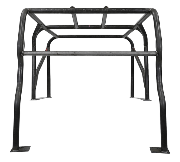 Front view of black metal full-profile roll cage kit for FJ40 Land Cruiser, showing welded frame structure and mounting plates.