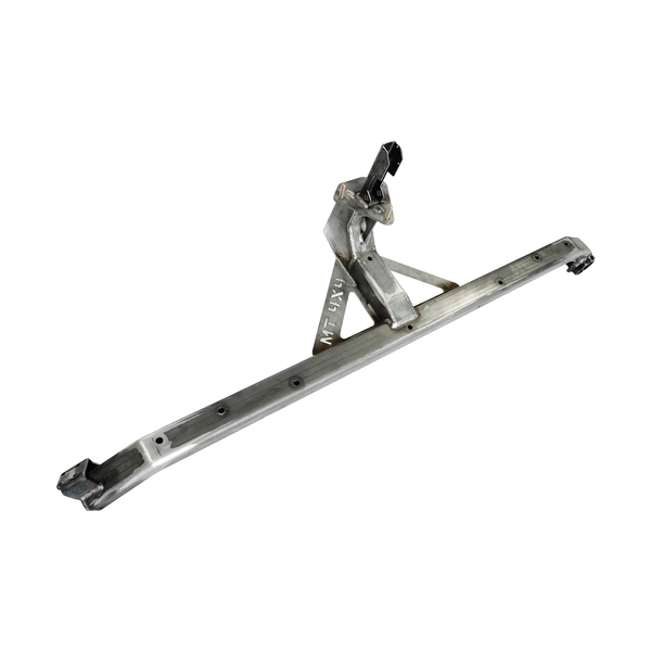 Raw metal Bronco 6G rear bumper with Ace of Hearts swing arm system, angled view on white background.