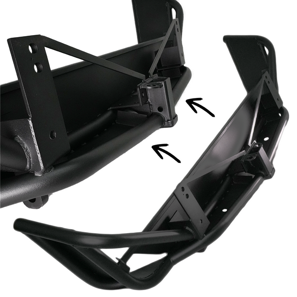 Close-up of black metal rear tube bumper for FJ Cruiser showing mounting brackets and welded reinforcements.