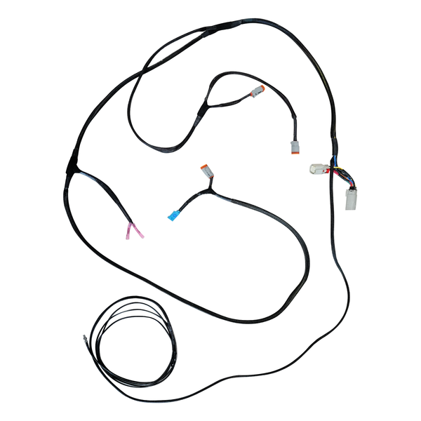 Black wiring harness with multiple connectors and protective sleeving for Bronco 6G rear ACES high bumper installation.